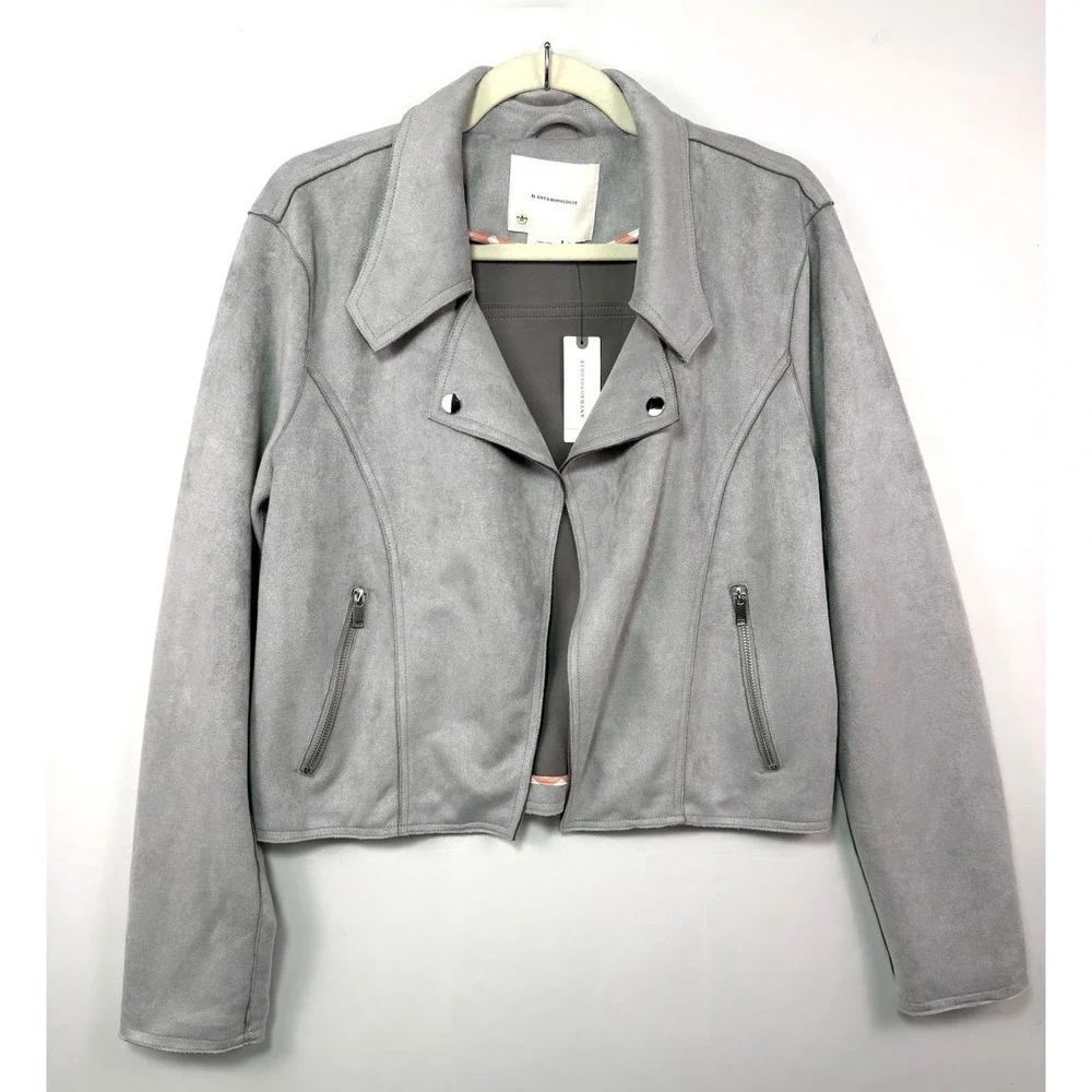Anthropologie Womens‎ L Gray Faux Suede Moto Jacket Open Front NWT $150